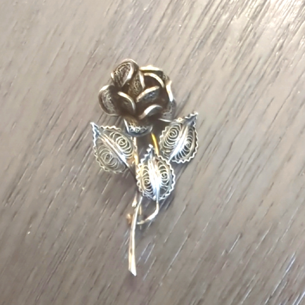 Vintage Sterling Silver Germany Filigree Rose Flower Pin Brooch